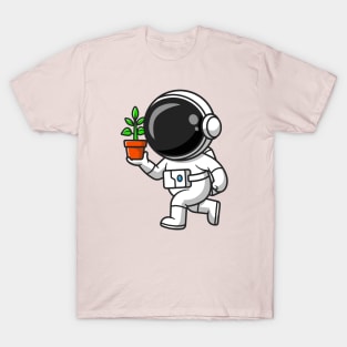 Cute Astronaut Holding Plant In A Pot Cartoon T-Shirt